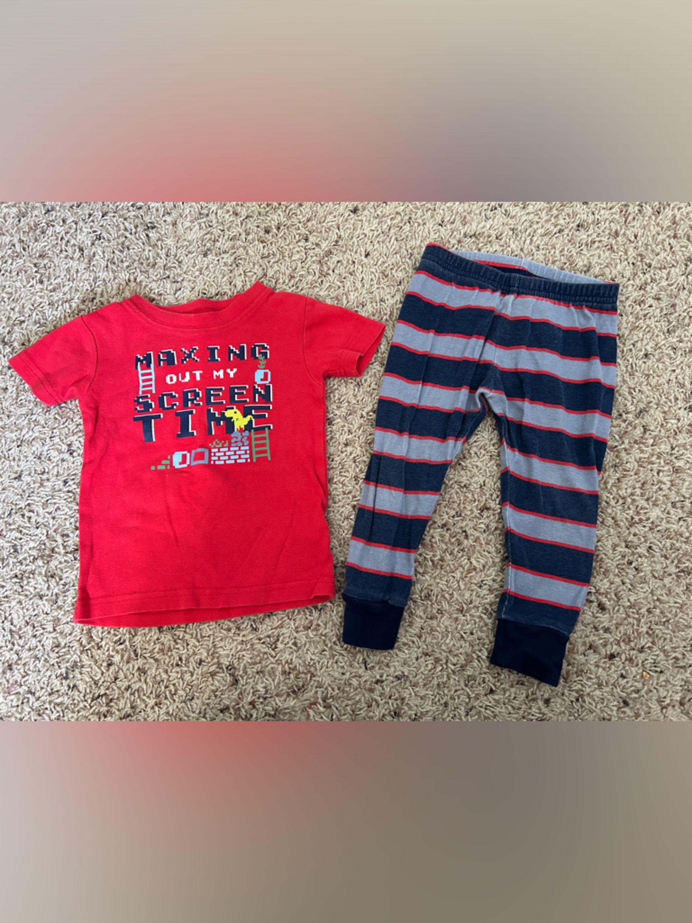 Carter's Red Short-Sleeve Pajama Set With Navy And Gray Striped Pants